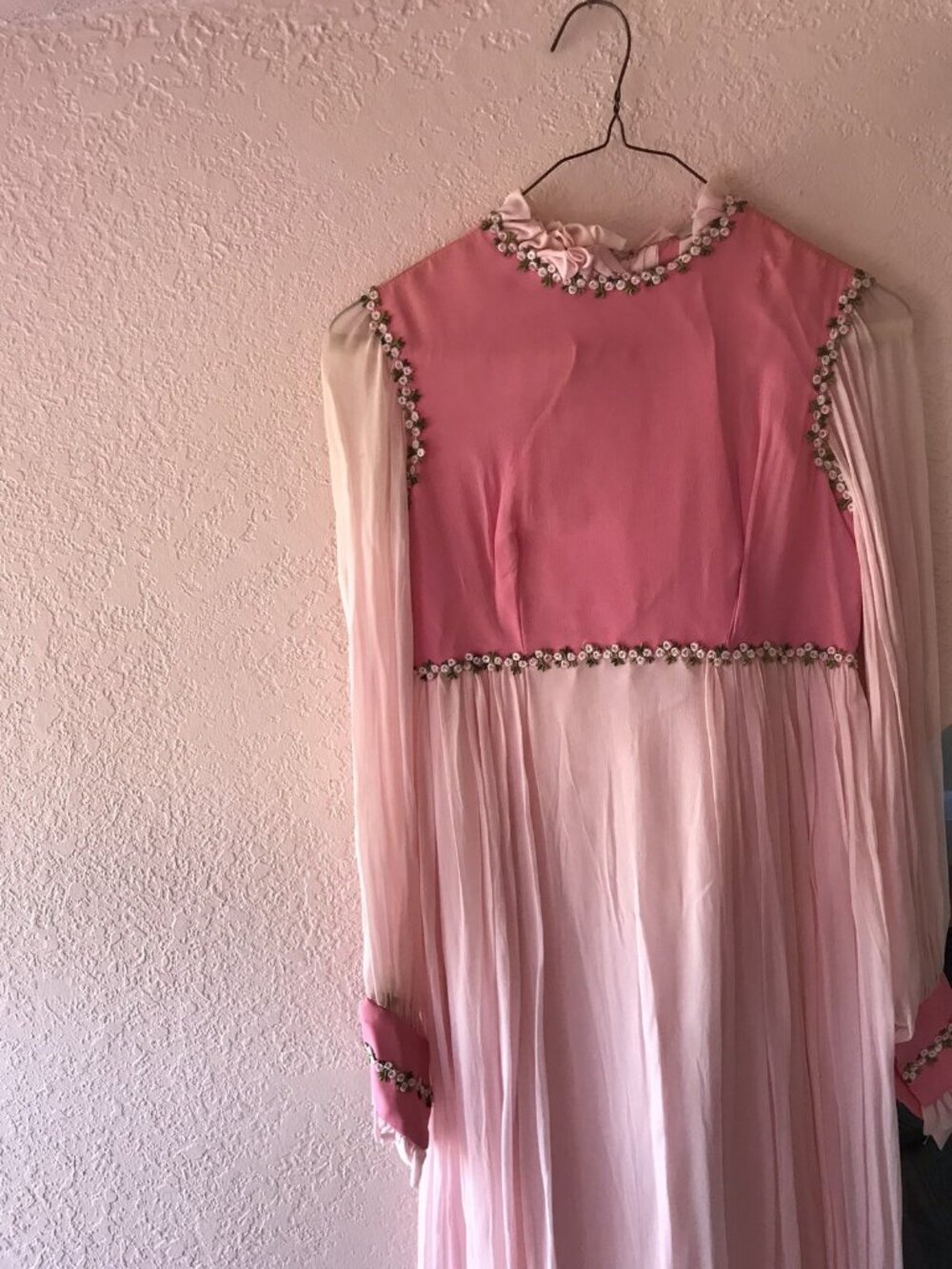 Vintage Handmade Pink Long Dress XS 27 bust 26waist OOAK Floral Details Zip Back